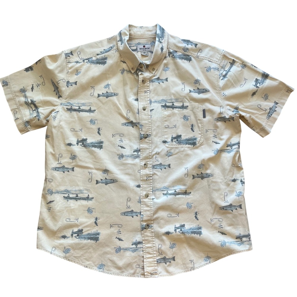 Woolrich Mens XL Fly Fishing Trout Print Short Sleeve Button Up Shirt Tan Casual